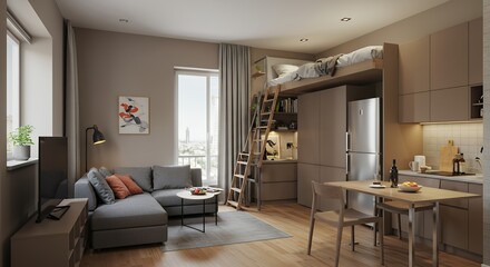 Fototapeta premium Interior design showing a modern studio apartment with lofted bed space