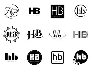 HB logo company template. Letter h and b logotype. Set different classic serif lettering and modern bold text with design elements. Initial font typography.
