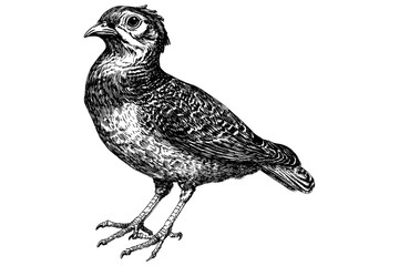 Wildlife print of hand-drawn quail in old engraving style, trendy bird art, vintage black sketch effect.