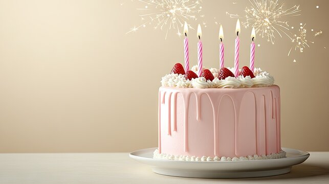 Birthday cake with candles and sparklers decorated with strawberries in a warm setting during a celebration