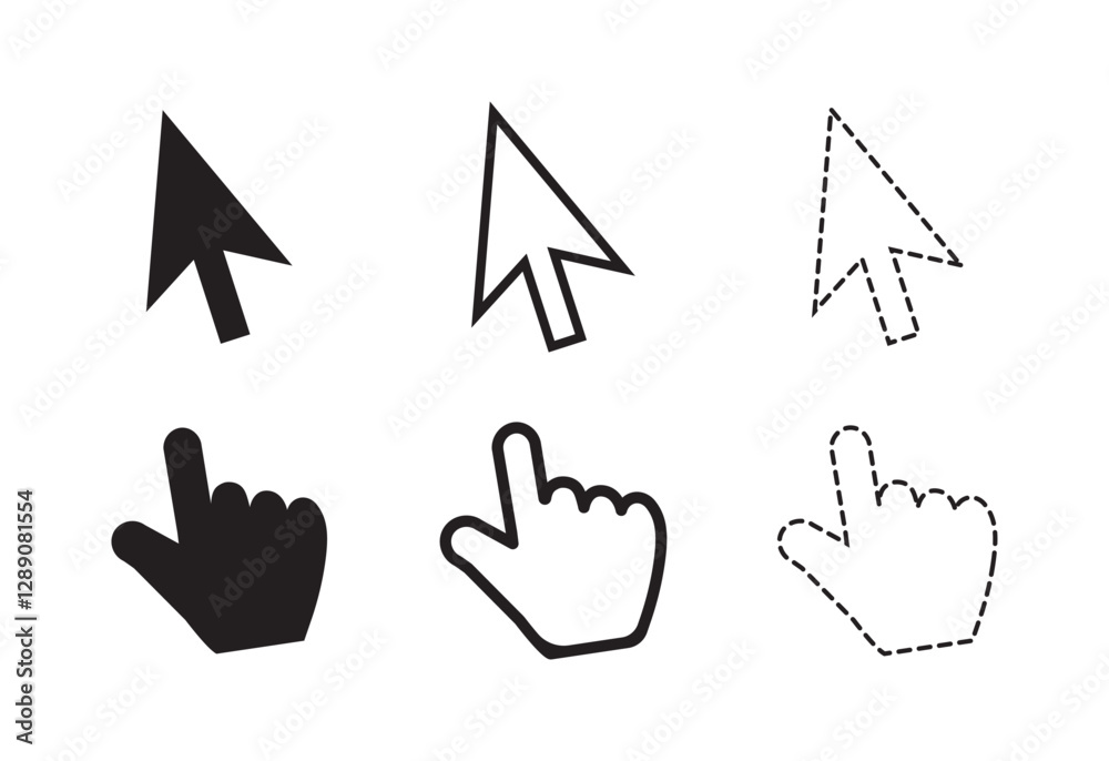 Poster Computer mouse click cursor icon set. Hand and arrow pointer cursor - stock vector. Click icon set. pointer arrow icon. cursor icon vector 