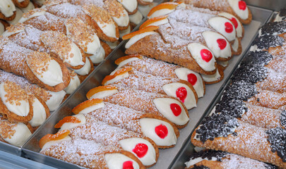 filled pastries called sicilian cannoli typical of the southern italy island made with ricotta...