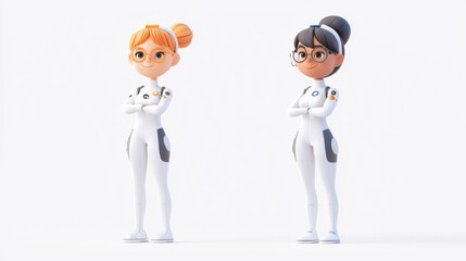 Fototapeta premium Two animated characters in futuristic suits standing confidently with unique hairstyles.