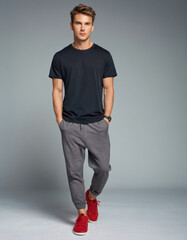 A male model in a loose gradient T-shirt, grey capri pants, and red sneakers poses with a provocative stare. Shot from a low angle with high contrast lighting, the dark artistic background enhances th