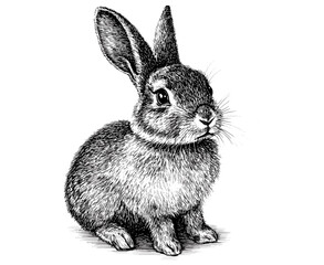 Vintage wildlife illustration, hand-drawn rabbit art, black sketch effect, trendy animal art, wall decor, classic engraving style, white background, nature decor, artistic print.