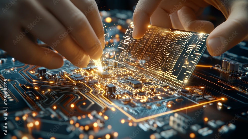 Poster intricate circuit board assembly process high-tech laboratory visual technology content modern engin