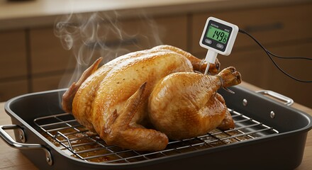 Checking Roasted Chicken Temperature with Digital Thermometer in Baking Pan