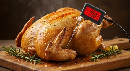 Checking Temperature of Roasted Chicken on Cutting Board with Thermometer