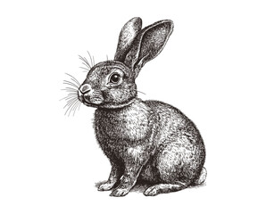 Animal art, vintage wildlife illustration, trendy hand-drawn rabbit, black sketch effect, wall decor, nature art, classic engraving, white background, rustic decor.