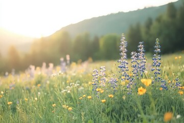 Vibrant wildflowers in a lush meadow bathed in the golden light of sunset, with mountains in the background © Yopi