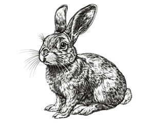 Animal art, vintage wildlife illustration, trendy hand-drawn rabbit, black sketch effect, old engraving style, wall decor, nature art, white background, home decor.