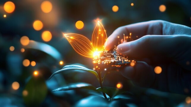 Hand nurturing a glowing plant enchanted forest digital art magical environment close-up view nature and technology fusion for eco-innovation
