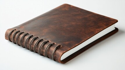 Obraz premium A dark-toned brown spiral notebook with metallic spirals on a sleek white background 