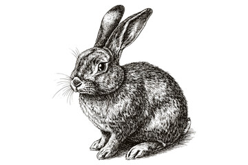 Trendy wildlife illustration, hand-drawn rabbit art, vintage animal art, black sketch effect, wall decor, old engraving style, white background, nature illustration, artistic decor.