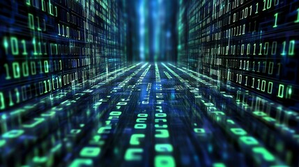 Fototapeta premium A mesmerizing digital landscape featuring streams of green and blue binary code, symbolizing data flow and the vastness of cyberspace.