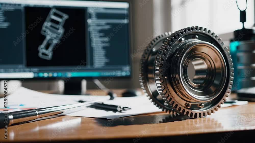 Poster Polished metal gear rotating slowly on a desk. With technical drawings displayed on a computer screen and engineering tools in the background. Showcasing precision and innovation in mechanical design