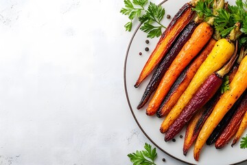 Roasted colorful carrots arranged elegantly on a white plate
