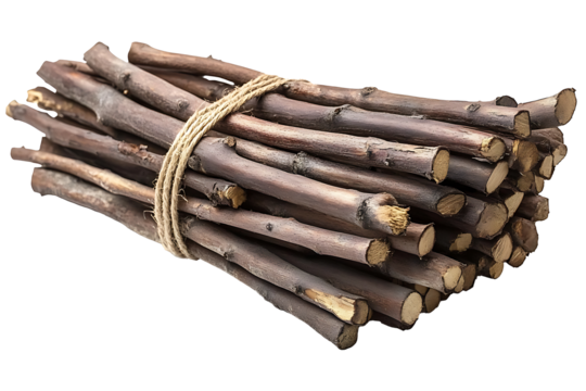 Bundles of dry branches tied with rope on a transparent background. high resolution PNG file