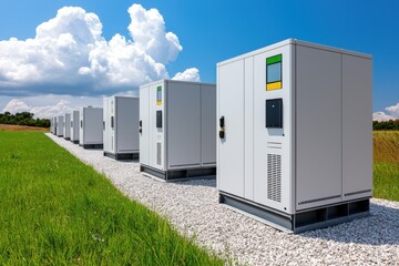 Energy storage solutions renewable power green field industrial infrastructure rural setting wide-angle sustainability focus
