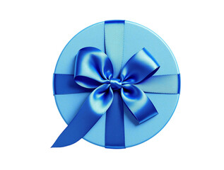 Blue round gift box on top view with blue silk ribbon bow isolated on transparent background