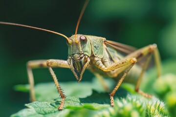 Fototapeta premium A detailed view of a grasshopper sitting on a leaf, with its legs and antennae visible