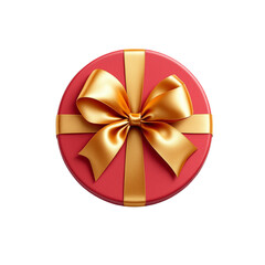 Red round gift box on top view with gold silk ribbon bow isolated on transparent background