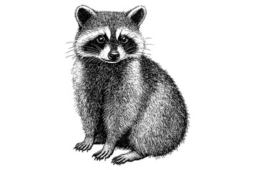 Black sketch of a raccoon in old engraving style, antique wildlife illustration, vintage art, forest animal, trendy vector design, nocturnal, white background. © Vintage Studio