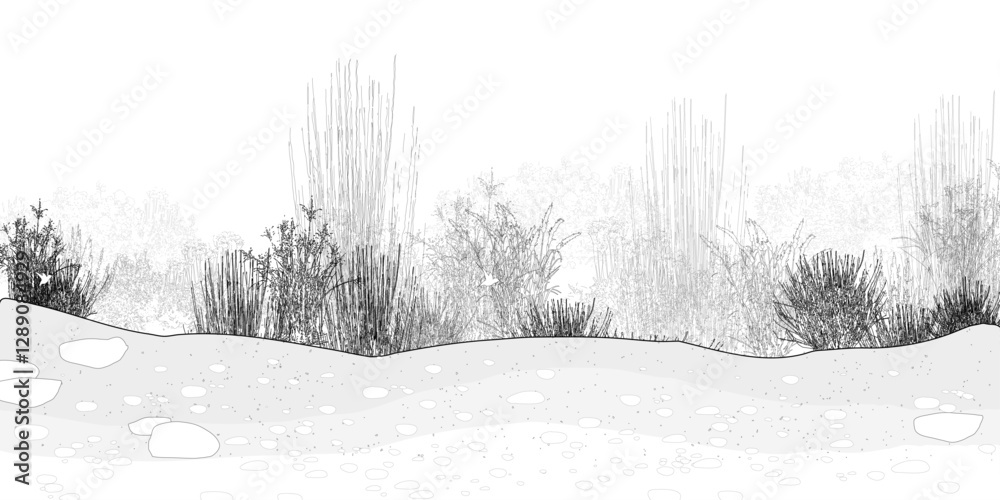 Poster architectural drawings, minimal style cad tree line drawing, side view, set of section mountian fore