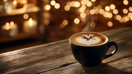 Cozy cup of cappuccino on wooden table with warm bokeh lights in background