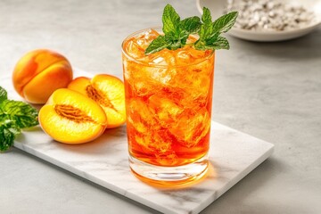 Peach Iced Tea with Fresh Mint and  Peaches on Marble Tray on Light Background    Refreshing Summer
