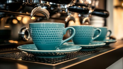 Fototapeta premium Beautiful Turquoise Coffee Cups on Espresso Machine Counter