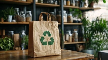 Eco-friendly brown paper bag with recycling symbol in green plant shop