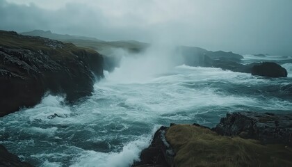 Fototapeta premium Turbulent ocean waves crashing against a rocky coastline on a cloudy day. The water is a mix of white foam and teal, and the rocks are dark and