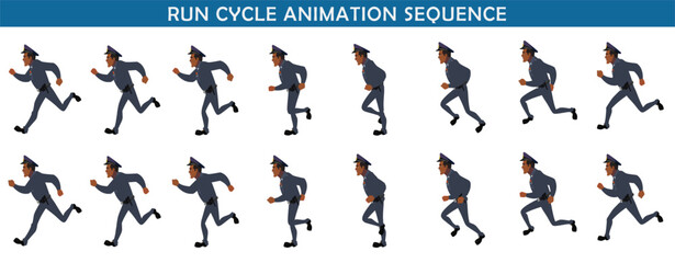 
Police Officer Character Design Model Sheet. Man, Character design. Front, side, back view and explainer animation poses. Character set with lip sync and Walk cycle animation sequences.
