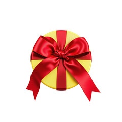 Yellow round gift box on top view with red silk ribbon bow isolated on transparent background