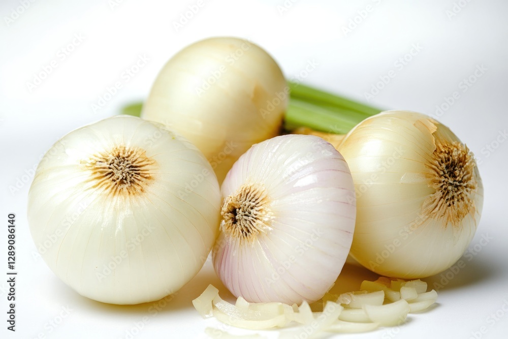 Sticker A collection of onions arranged on a white surface, showcasing their shapes and textures