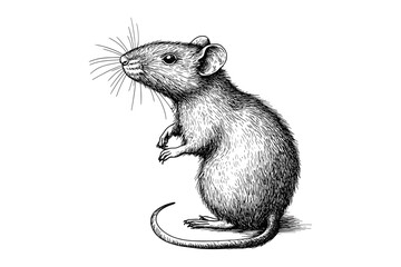Black sketch effect rat art, hand-drawn vintage wildlife illustration, animal wall decor, retro art, trendy design, old engraving style, nature-inspired, white background.