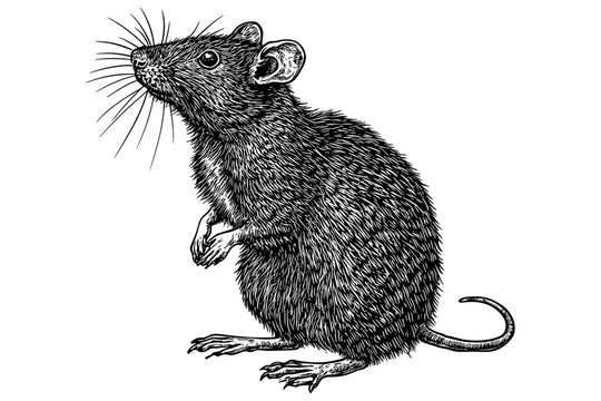 Hand-drawn rat in black sketch effect, vintage animal art, old engraving style, wildlife illustration, trendy wall decor, retro art, white background, nature-inspired decor.