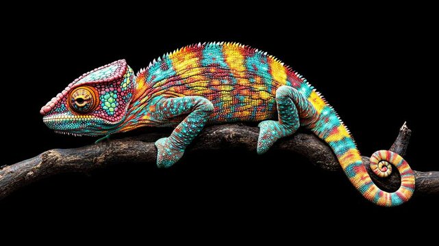 Vibrant and colorful chameleon resting on a branch against a black background