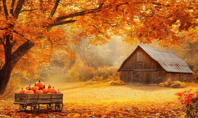 Autumn farm scene with pumpkins, barn, and colorful foliage