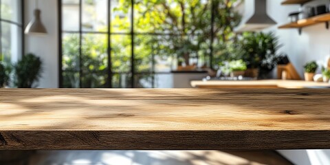 Wooden Tabletop with Modern Kitchen Background for Product Display and Mockup