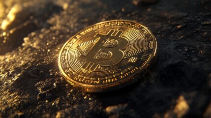 Golden bitcoin coin on dark textured surface with dramatic lighting