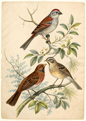 a sheet of antique botanical lithography of the 18 century with vintage flowers and birds