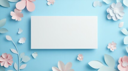 Blank white card on blue background with pink and white paper flower decorations