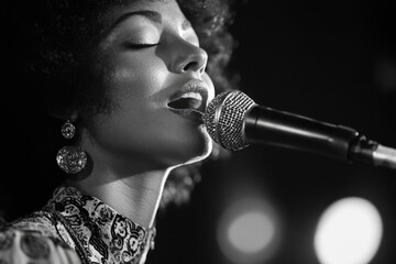 A woman performs live music on a stage with a microphone, a spotlight shines on her