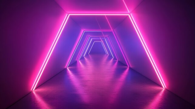 Futuristic neon tunnel with pink and purple glowing triangular lights