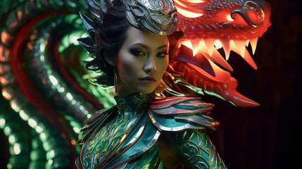 Beautiful woman ib green dragon costume a symbo