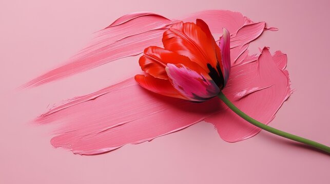 Red tulip on pink paint brush strokes
