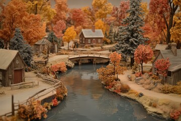 Autumnal village scene with snow dusting, river, wooden houses, bridge, and fall foliage.  Warm lighting and tranquil atmosphere