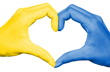 Ukrainian yellow and blue flag on hands forming a heart isolated on transparent or white background, Ukraine war support, png